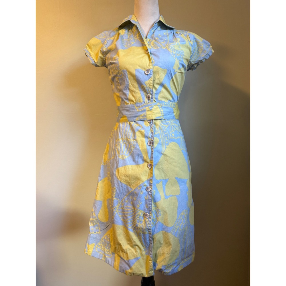 Lesley Evers mushroom print Button Front Belted XS boho retro fairy Y2K blue